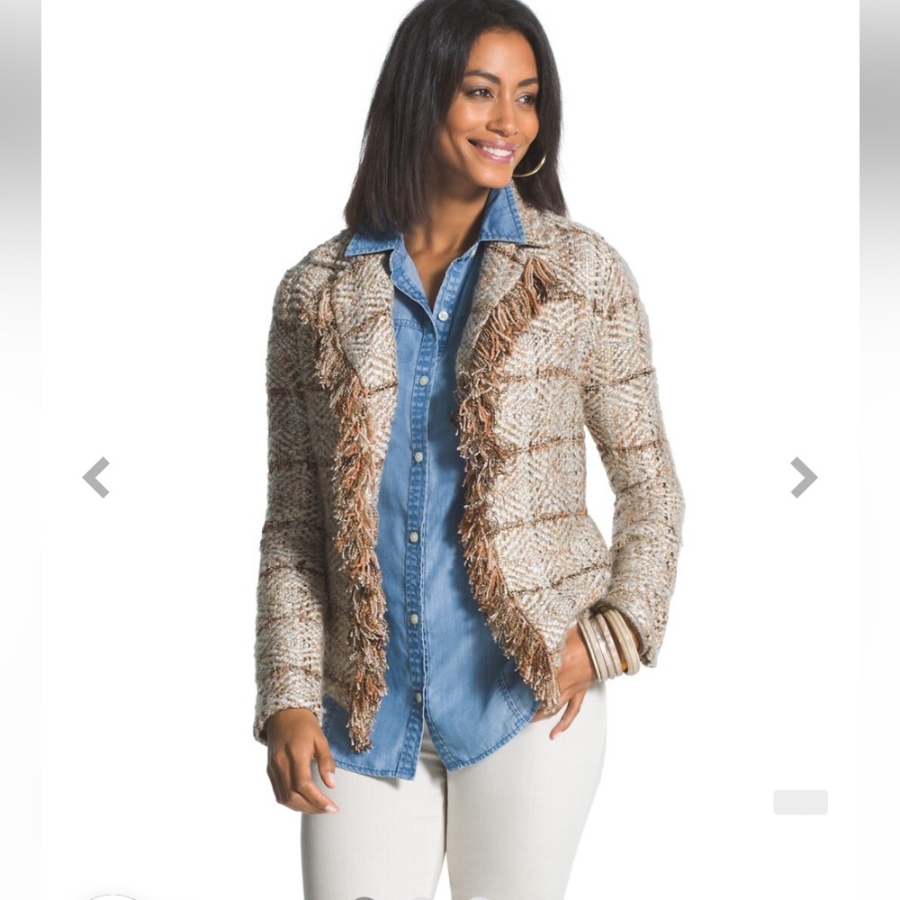 Chicos 🤎 Nikita Cardigan Multi Knit Fringe Open Jacket Sweater Soft Size 2 L 🤎